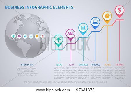 Modern vector business globalization infographic template with 3d world globe and charts. Earth globe and chart globalization world illustration