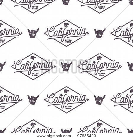 California Surfing monochrome seamless pattern with shaka sign and typography elements. Wilderness wallpaper design. White isolated background. For web design, t shirts, wrapping paper. Stock vector.