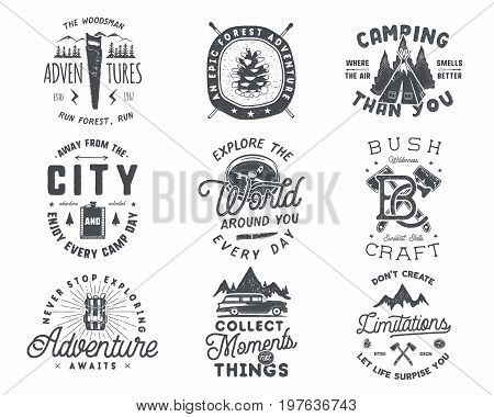 Vintage hand drawn travel badge and emblem set. Hiking labels. Outdoor adventure inspirational logos. Typography retro style. Motivational quotes for prints, t shirts. Stock vector design.