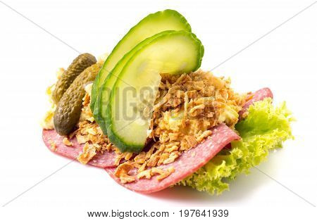 Danish specialties and national dishes high-quality open sandwich Salami with crispy fried onion remoulade and cucumber isolated on white background