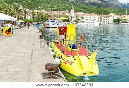 Boat for diving under water - JUNE 1: Boat for swimming under water. It is in the port of Makarska, June 1, 2017. Croatia.