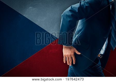 Czexit concept. Businessman (financier, bank employee, CEO, manager) run away (escape) from Czech Republic.