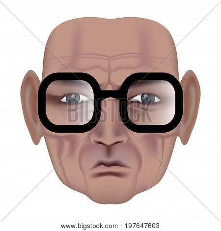 The Face Of Old Man With Deep Wrinkles. Frown Expression. Wise Old Man In Black Glasses. Made By Gra