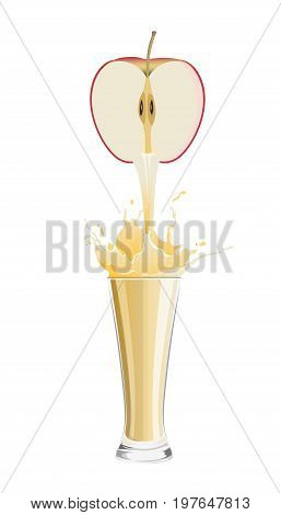Fresh apple juice in glass on white background. Splash beverage with fruit slice.