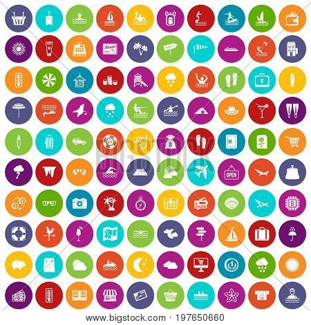 100 seaside resort icons set in different colors circle isolated vector illustration