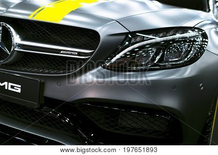 Sankt-Petersburg Russia July 21 2017: Front view of a Mercedes Benz C 63s AMG coupe 2017. Car exterior details. Photo Taken on Royal Auto Show July 21