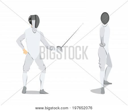 Isolated fencing athlete on white background. Athlete in white outfit with mask and sword.