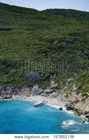 Skiathos, Greece, July 14, 2017: Cruise Boat With Tourists. Sailing Around The Islands On The Turquo