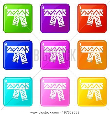 Knitted scarf with pattern icons of 9 color set isolated vector illustration