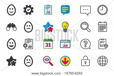 Eggs happy and sad faces icons. Crying smiley with tear symbols. Tradition Easter Pasch signs. Chat, Report and Calendar signs. Stars, Statistics and Download icons. Question, Clock and Globe. Vector