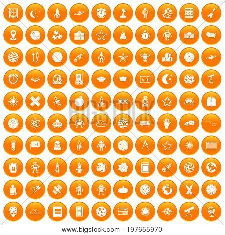 100 astronomy icons set in orange circle isolated vector illustration