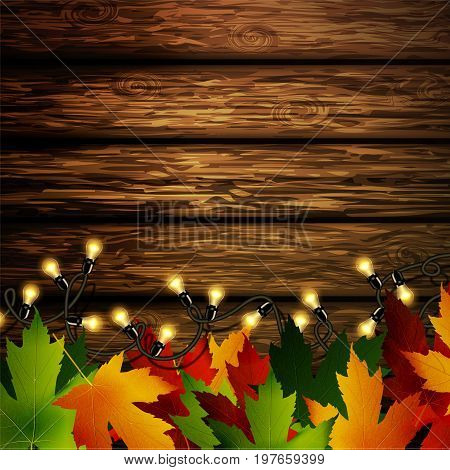 Wooden wall with autumn leaves and falling leaves vector illustration