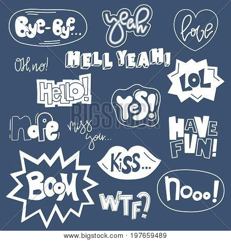 Set of cute words in doodle style. Cartoon speech bubble collection. Handdrawn comic design. Vector badges and patches collection