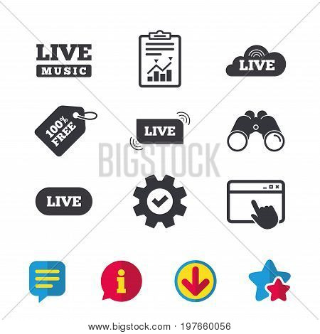 Live music icons. Karaoke or On air stream symbols. Cloud sign. Browser window, Report and Service signs. Binoculars, Information and Download icons. Stars and Chat. Vector