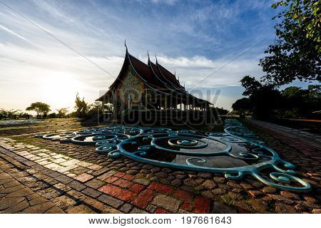 Temple Sirindhorn Wararam Phuproud in Ubon Ratchathani Province at sunset Thailand