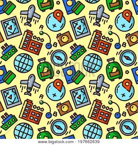 Travel seamless pattern with objects in line style, trasportation vector illustration
