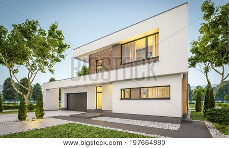 3D Rendering Of Modern House At Evening