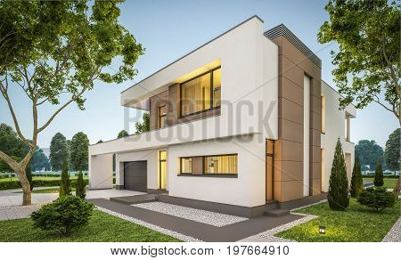 3D Rendering Of Modern House At Evening