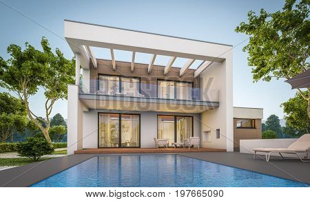 3D Rendering Of Modern House At Evening