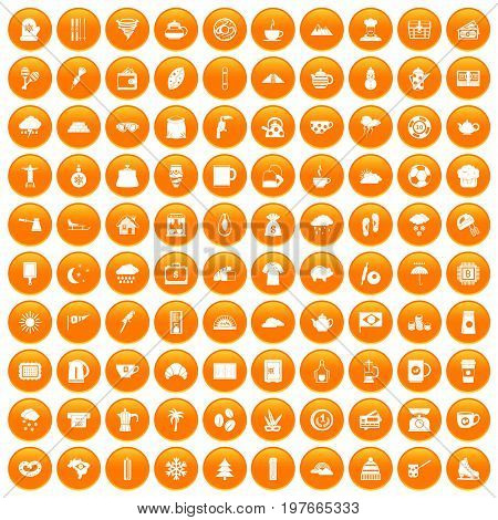 100 coffee cup icons set in orange circle isolated vector illustration