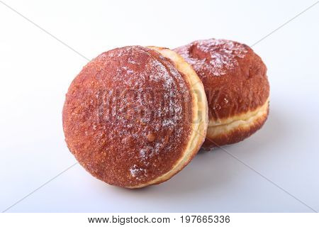 Homemade Doughnuts with Jelly filled and powdered sugar isolated on white background. Selective focus