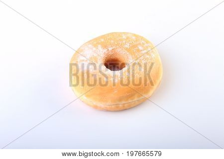 Homemade Doughnuts with Jelly filled and powdered sugar isolated on white background. Selective focus
