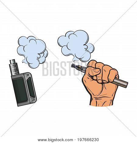Male hand holding e-cigarette, electronic cigarette, vapor with smoke coming out, sketch vector illustration isolated on white background. Drawing of hand holding electronic cigarette, vapor and smoke
