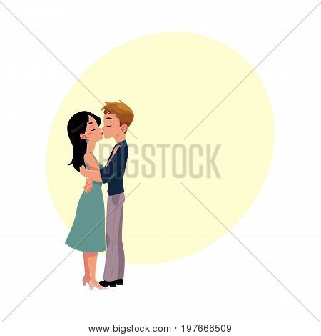 Young couple kissing romantically, hugging each other, cartoon vector illustration with space for text. Full length, side view portrait of cartoon style kissing, hugging couple, French kiss