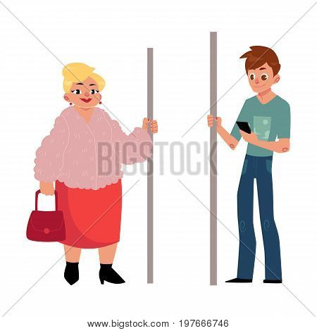 Two antipode subway passengers - plump woman, housewife and young man with smartphone, cartoon vector illustration isolated on white background. Passengers standing in subway, fat woman and young man