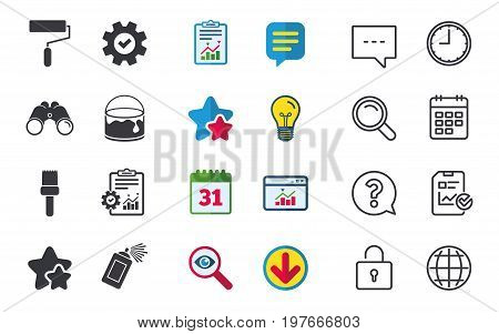 Painting roller, brush icons. Spray can and Bucket of paint signs. Wall repair tool and painting symbol. Chat, Report and Calendar signs. Stars, Statistics and Download icons. Vector