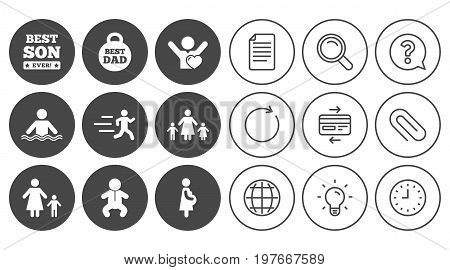 People, family icons. Swimming, baby and pregnant woman signs. Best dad, runner and fan symbols. Document, Globe and Clock line signs. Lamp, Magnifier and Paper clip icons. Vector