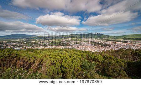Wide angle view of Angra do Heroismo city in Terceira Island, Azores