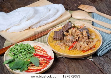 Thai Food - Thai Rice Noodles with Chicken Curry in Coconut Milk 