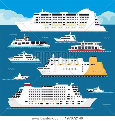 Seagoing vessels of all shapes and sizes set. Spacious cruise liners, luxurious yachts and modern ships stands on calm water surface under blue sky with fluffy clouds cartoon vector illustration.