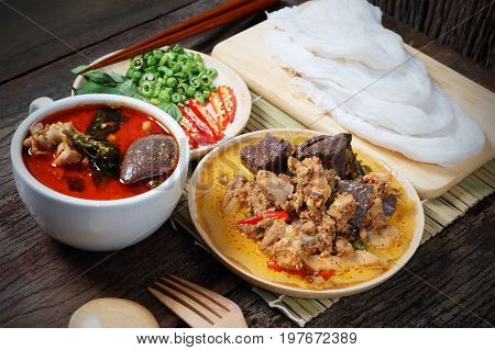 Thai Food - Thai Rice Noodles with Chicken Curry in Coconut Milk 
