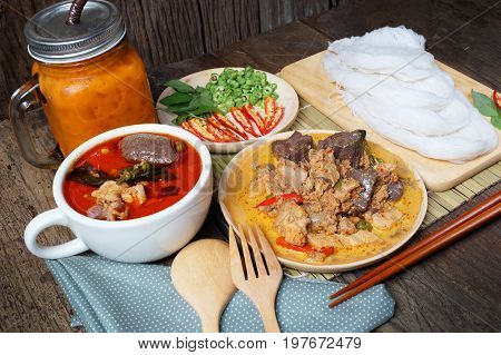Thai Food - Thai Rice Noodles with Chicken Curry in Coconut Milk 