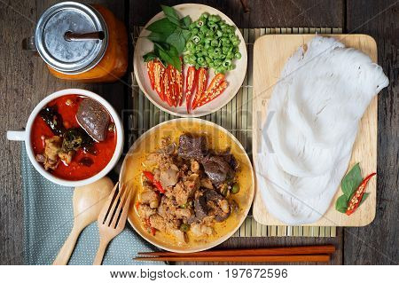 Thai Food - Thai Rice Noodles with Chicken Curry in Coconut Milk 