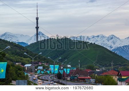 Almaty, Kazakhstan - May 6: Kok Tobe Hill And Tv Tower. City View On May 6, 2017 In Almaty, Kazakhst