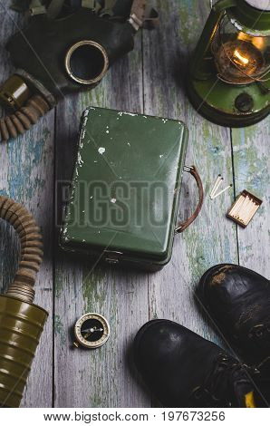 Gas Mask And Set For Survival. Apocalypse Or Nuclear War Concept