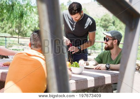 Friends enjoying picnic day with foon on table