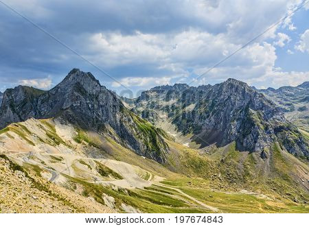 Beautiful landscape in Neouvielle Massif in Pyrenees Mountains seen from Col du Tourmalet.