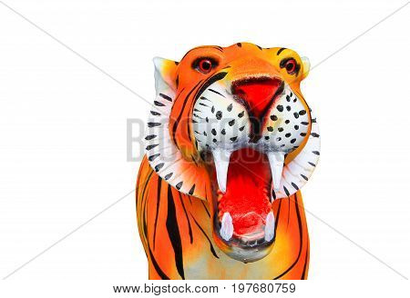 tiger statue at open mouth beautiful isolated on white background and clipping path