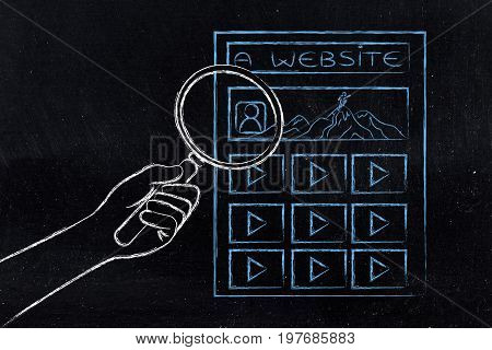 Hand With Magnifying Glass Looking At A Webpage's Details, Layout Or Clickstream Analysis