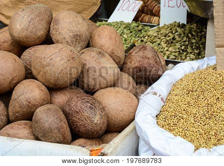 Selling Nuts And Dried Fruits At A Bazaar In India