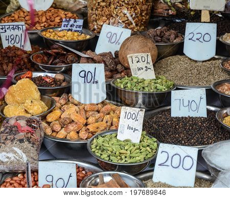 Selling Nuts And Dried Fruits At A Bazaar In India
