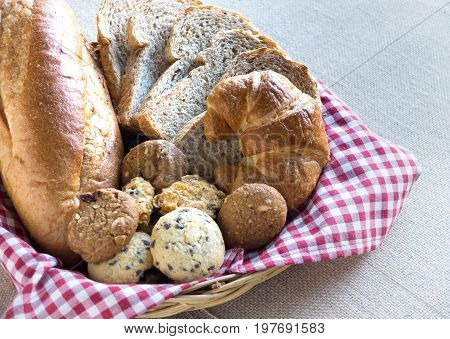 Fresh bread in the basket. Food background.