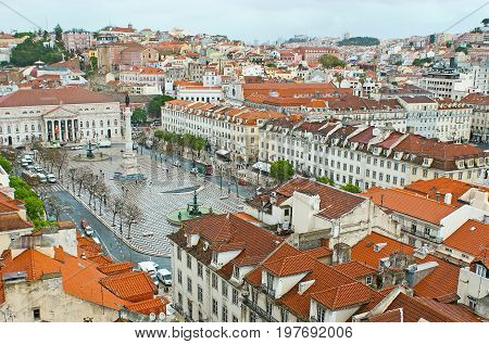 Aerial View Of Rosio Square In Lisbon