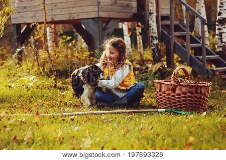 happy child girl playing little gardener in autumn and picking leaves into basket. Seasonal garden work.
