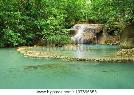 Level 1 Of Erawan Waterfall With Neolissochilus Stracheyi Fish In Kanchanaburi, Thailand