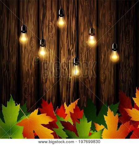 Wooden wall with autumn leaves and falling leaves vector illustration